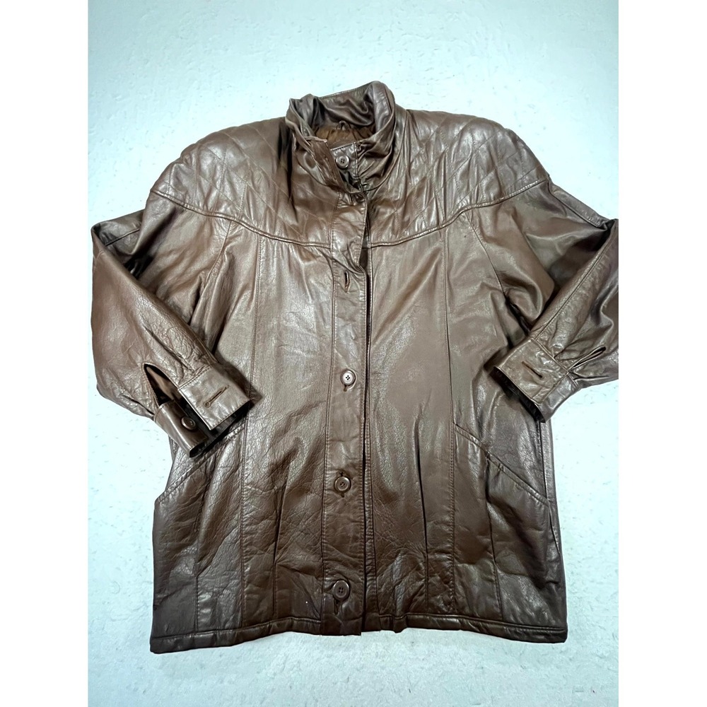 VTG Pelle New York Milano Leather Jacket Womens XL Brown Button Front Mock Neck